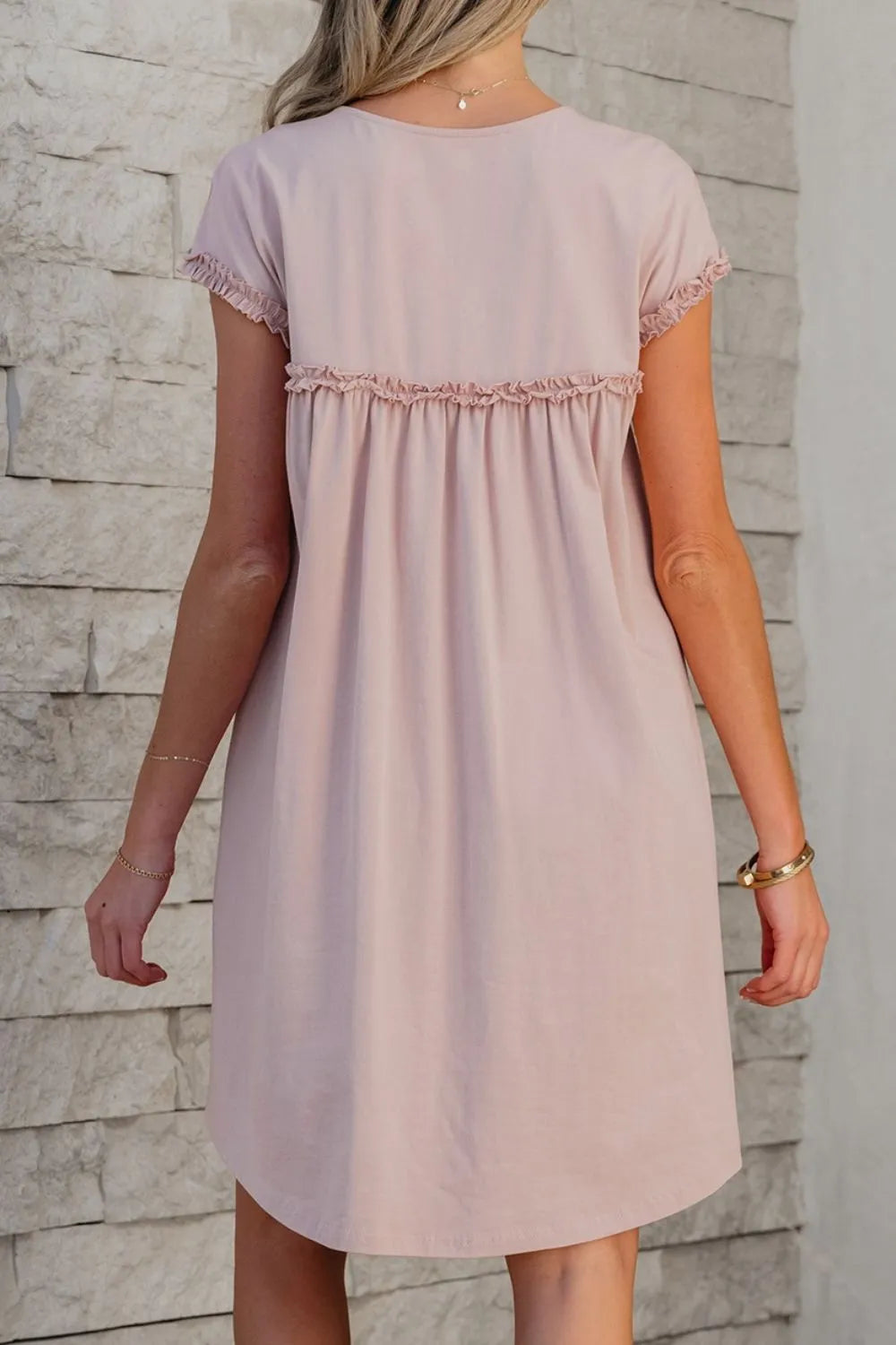 Frilled Trim Crew Neck Short Sleeve Loose Mini Dress - Mini Dresses