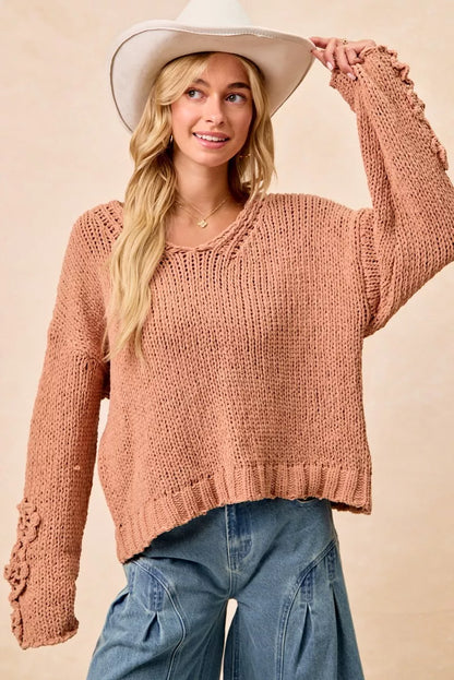 Knit V Neck Sweater with Flower Detailed Sleeves | Trendy Sweaters Outfit Idea for Women by Ro + Ivy | Elevated Basics, Modern Comfort & Style