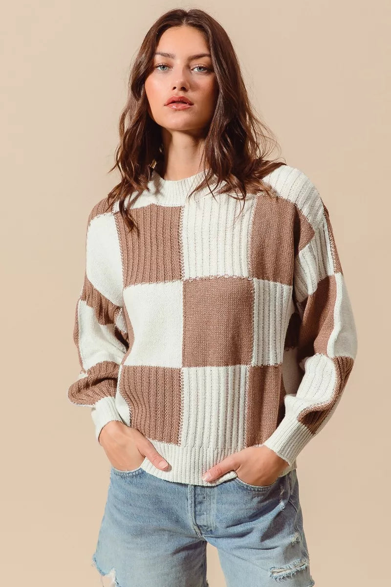 Ribbed Color Block Checkered Plaid Sweater - Sweaters