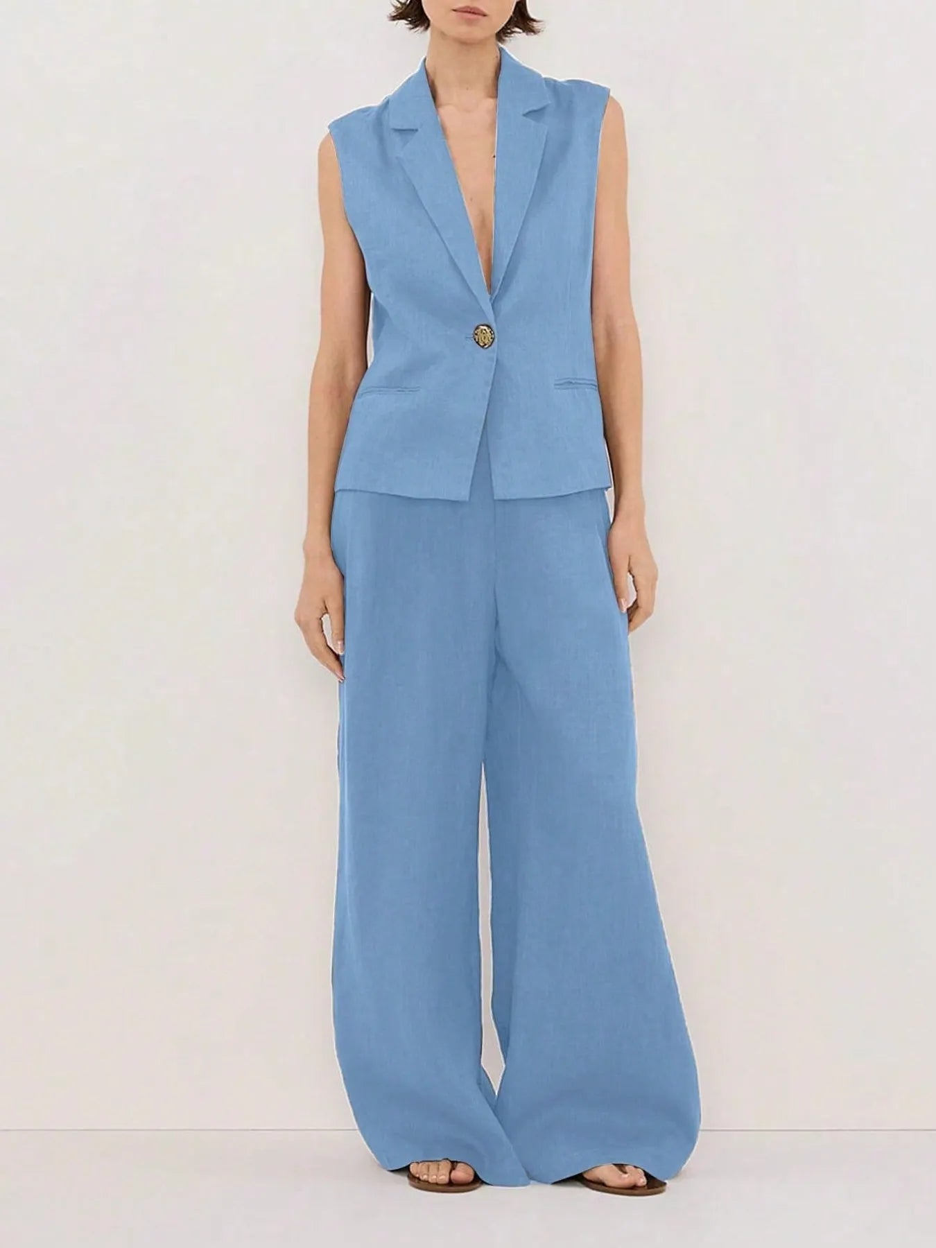 Women's One Button Sleeveless Top and Pants Set - Light Blue Matching Sets