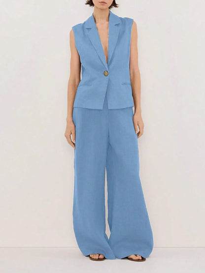 Women's One Button Sleeveless Top and Pants Set - Light Blue Matching Sets