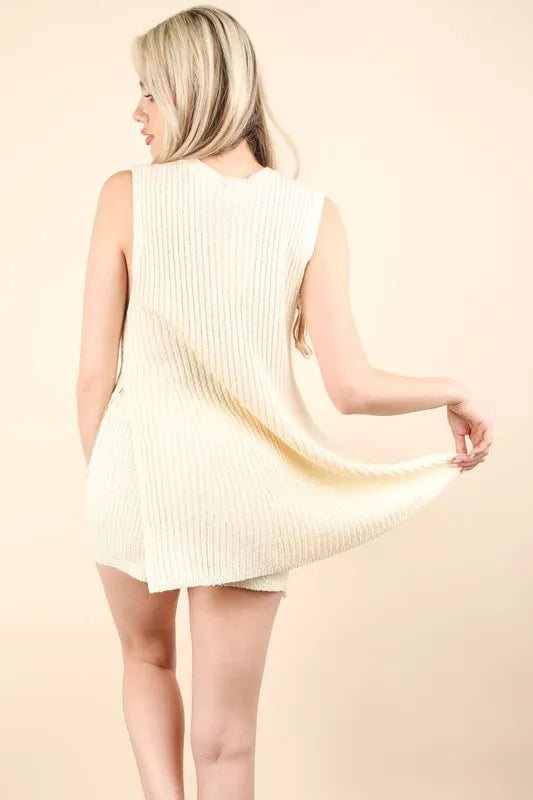 Slit Round Neck Top and Shorts Sweater Set - Outfit Sets