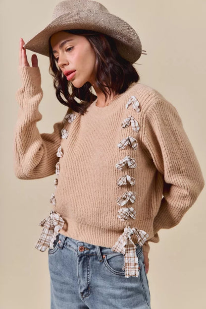 Checkered Plaid Tape Lace Up Ribbed Sweater - Sweaters