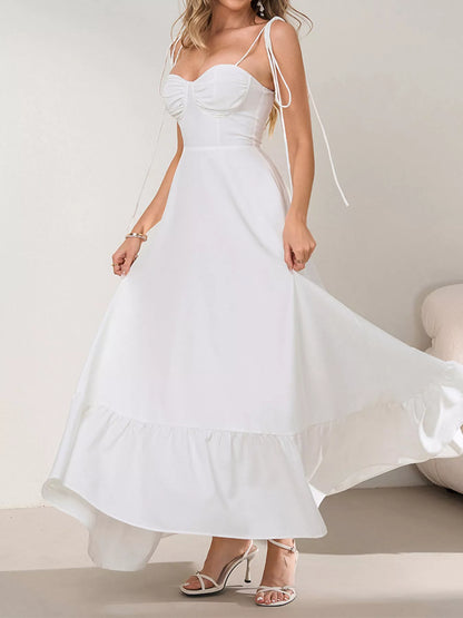 Sweetheart Neck Tie-Strap Ruffle Hem Maxi Dress - Maxi Dresses