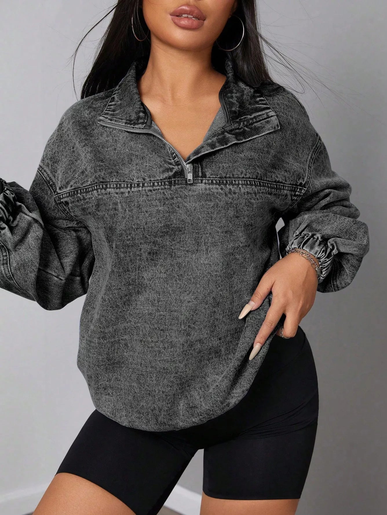 Women's Elastic Hem Quarter Zip Denim Top - Denim Jackets