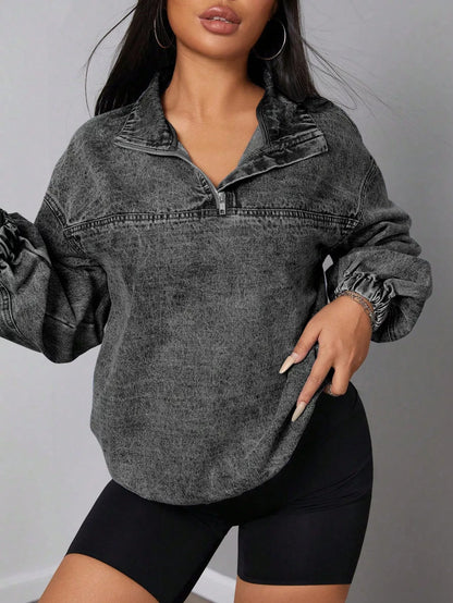Women's Elastic Hem Quarter Zip Denim Top - Denim Jackets