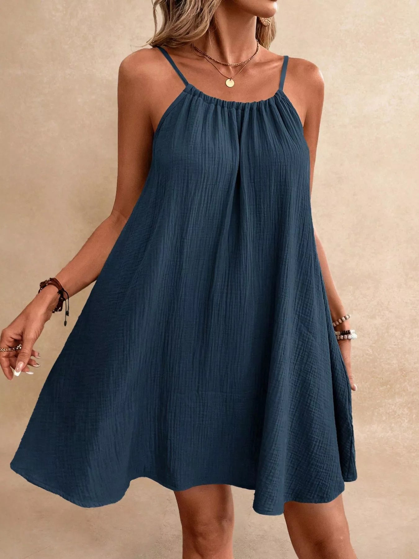 Women's Spaghetti Strap Gauze Mini Dress - Mini Dresses