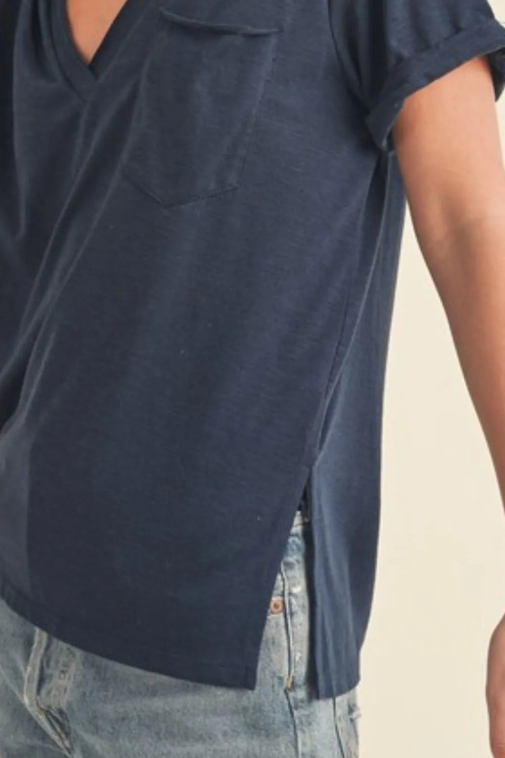 V-Neck Side Slit Short Sleeve T-Shirt in Dark Navy | Trendy T-Shirts Outfit Idea for Women by Ro + Ivy | Elevated Basics, Modern Comfort & Style