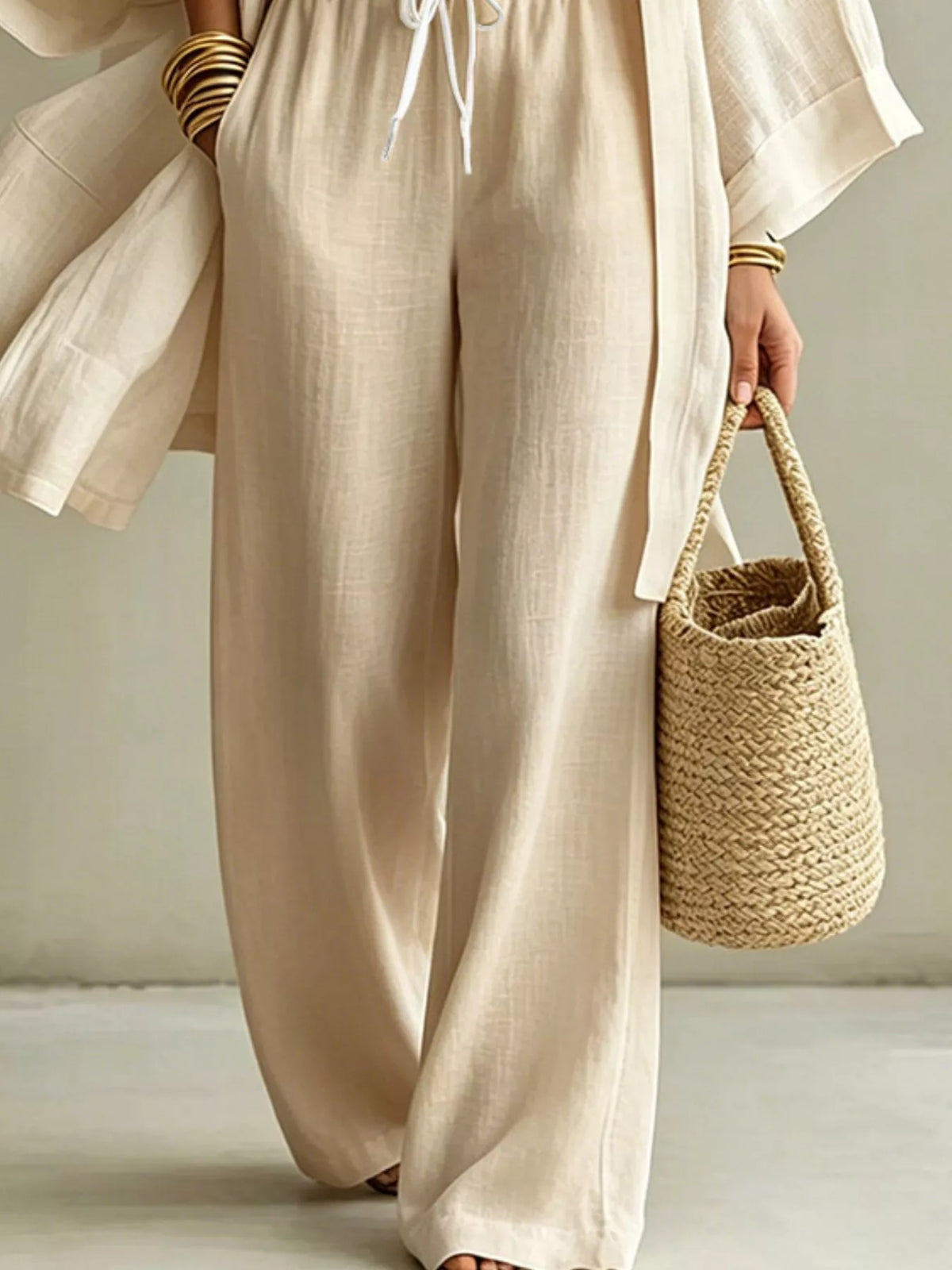 Three-Piece Lounge Set with V-Neck Top, Open Cardigan and Drawstring Pants