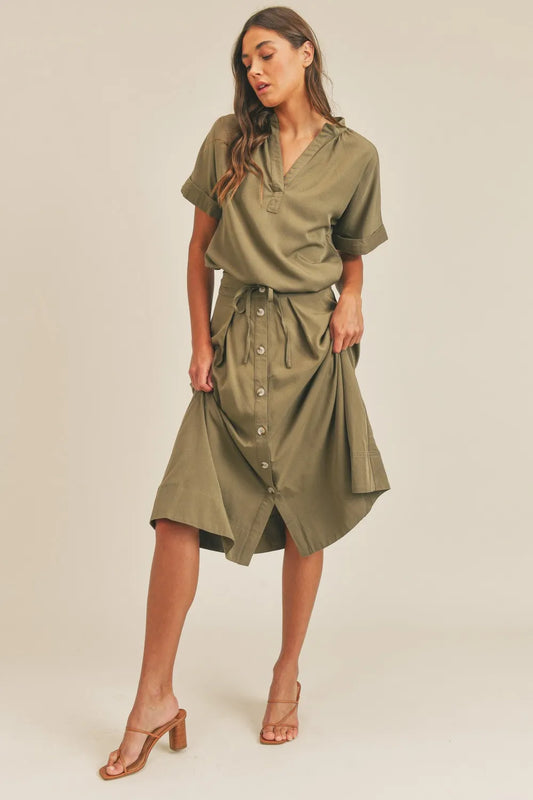Short Sleeve Top And Button Down Midi Skirt Set – Olive outfit idea for women | Ro + Ivy