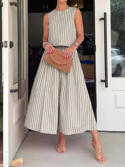 Women's Striped Sleeveless Top and Midi Skirt Set - Matching Sets