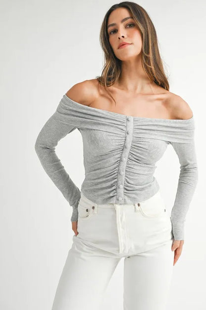 Off-Shoulder Ruched Button Up Long Sleeve Top | Trendy Tops Outfit Idea for Women by Ro + Ivy | Elevated Basics, Modern Comfort & Style