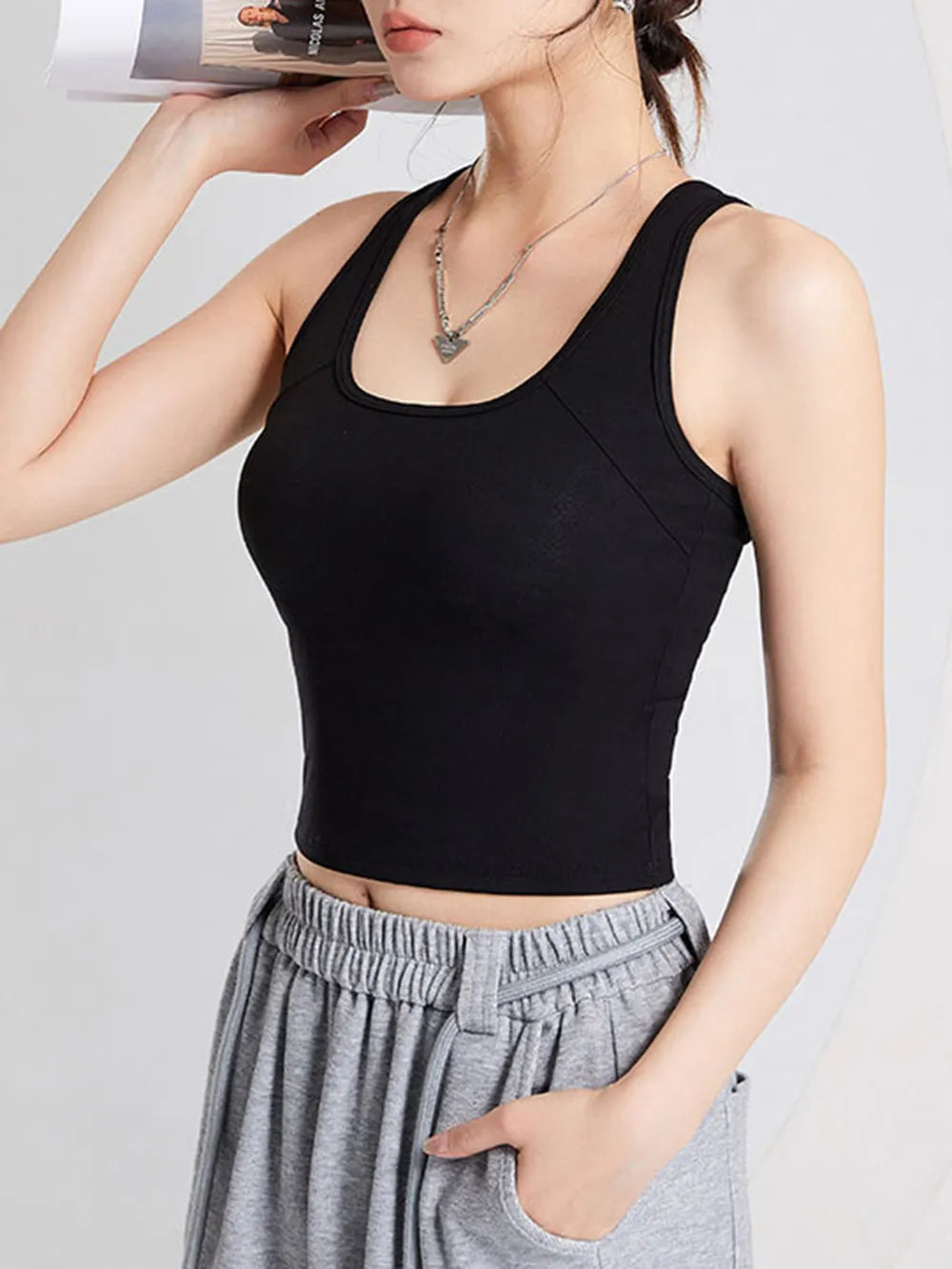 Women's Crisscross Scoop Neck Wide Strap Cropped Tank, Built-In Chest Pads - Crop Tops