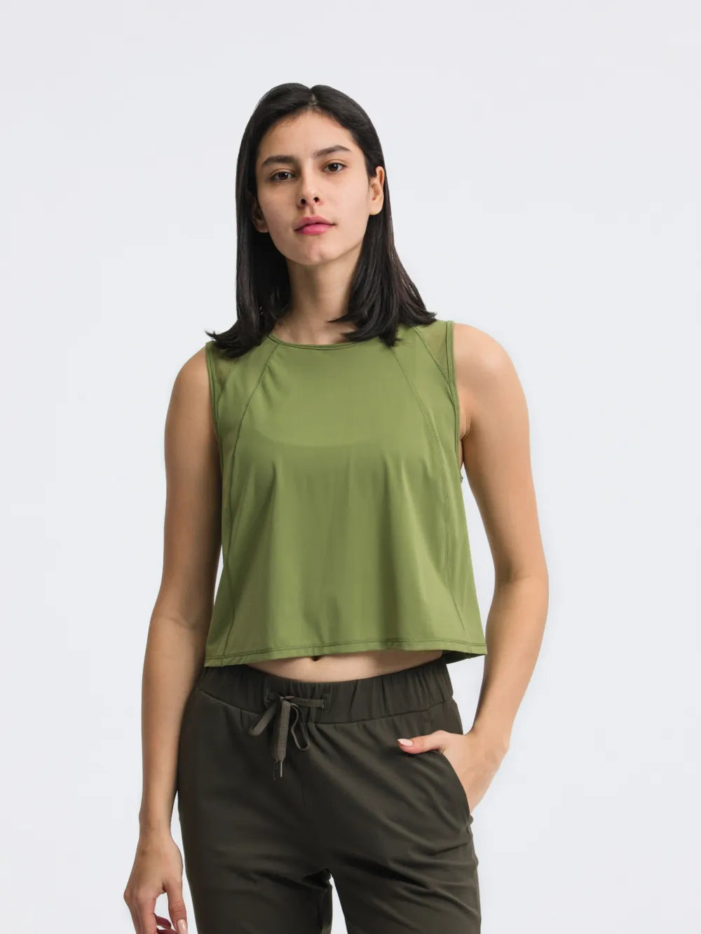 Open Back Slit Round Neck Activewear Tank Top Moss
