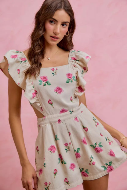 Floral Print Denim Cut-Out Waist Ruffled Romper — Playful Feminine Casual Sunny Style - Rompers