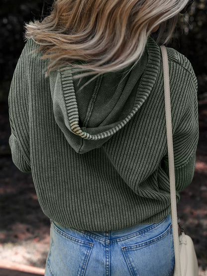Women's Mineral Wash Ribbed Knit Hooded Sweater - Pullover Hoodies