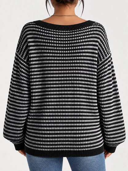 Oversized Striped Ribbed Knit Sweater with Boat Neck