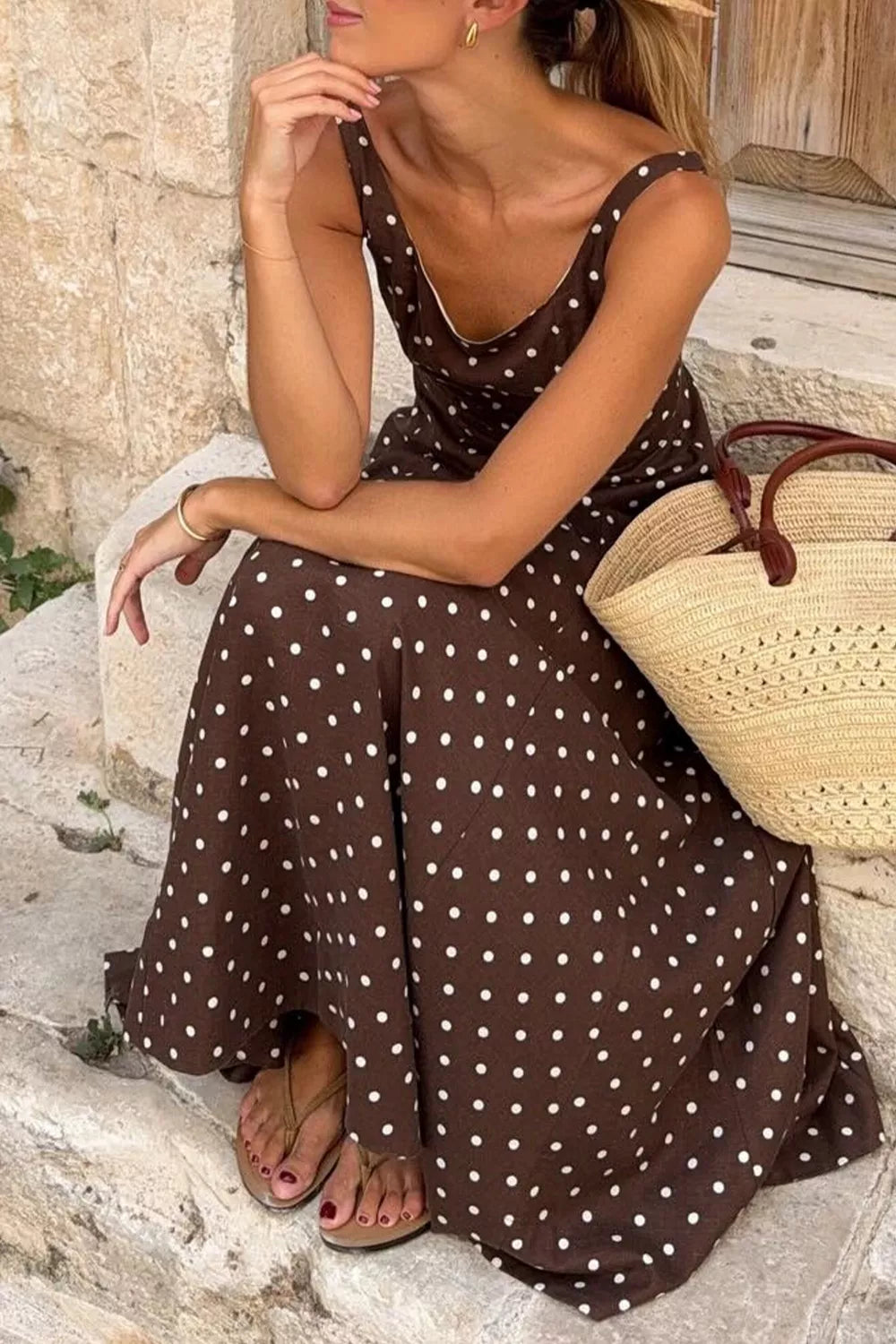 Women'ska Dot Square Neck Sleeveless Maxi Dress - Maxi Dresses