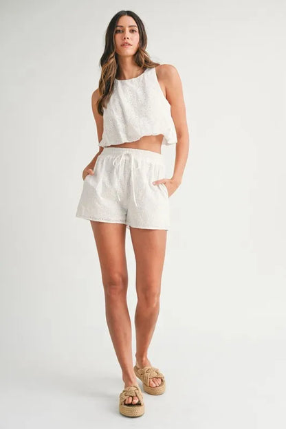 Eyelet Bubble Hem Sleeveless Top And Shorts Set – outfit idea for women | Ro + Ivy