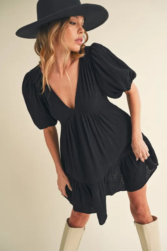 V Neck Short Puff Sleeve Tie Back Mini Dress | Trendy Mini Dresses Outfit Idea for Women by Ro + Ivy | Elevated Basics, Modern Comfort & Style
