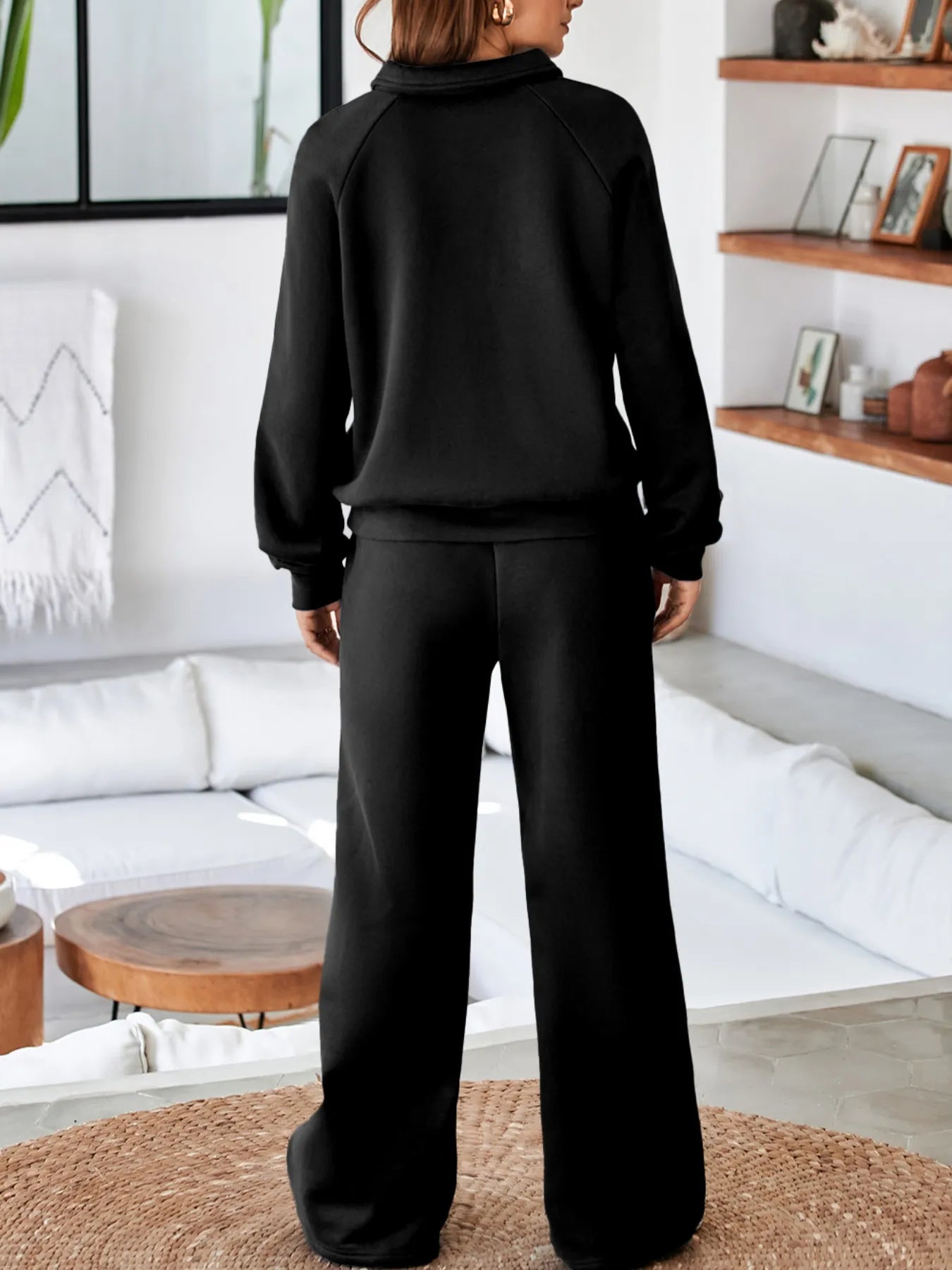 Women's Collared Sweatshirt and High Waist Pants Active Set - Activewear Sets