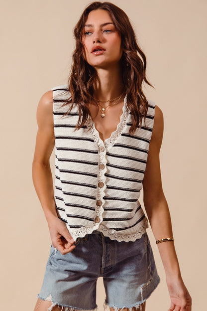 Striped Crochet Trim Button-Down Knit Sweater Vest — Lightweight Versatile Everyday Style - Knit Vests