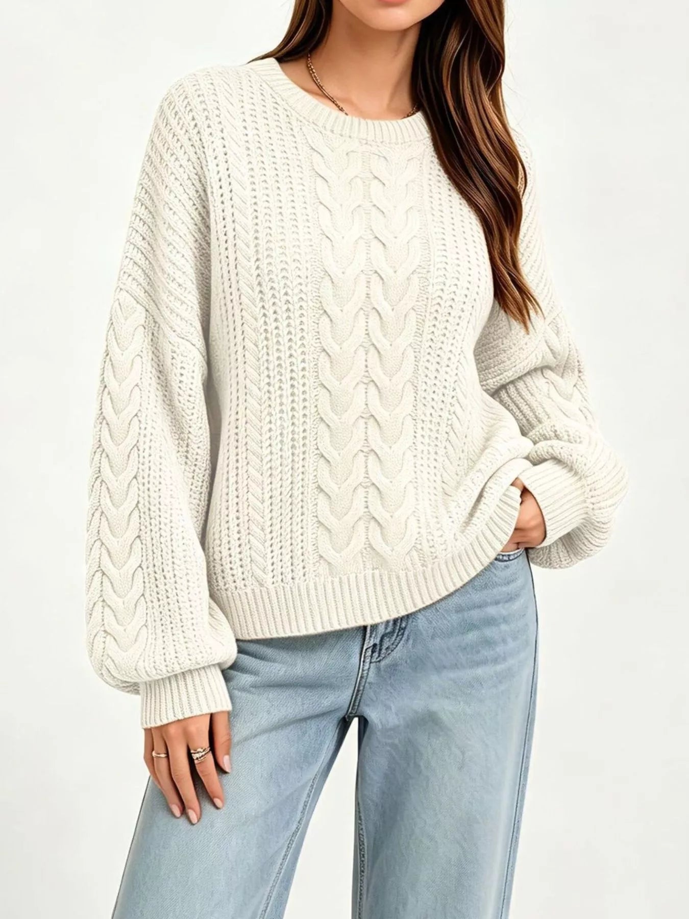 Chunky Cable Knit Round Neck Sweater Beige