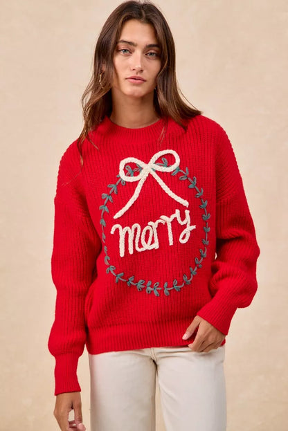 "Merry" Lettering Christmas Wreath Crewneck Sweater | Trendy Sweaters Outfit Idea for Women by Ro + Ivy | Elevated Basics, Modern Comfort & Style