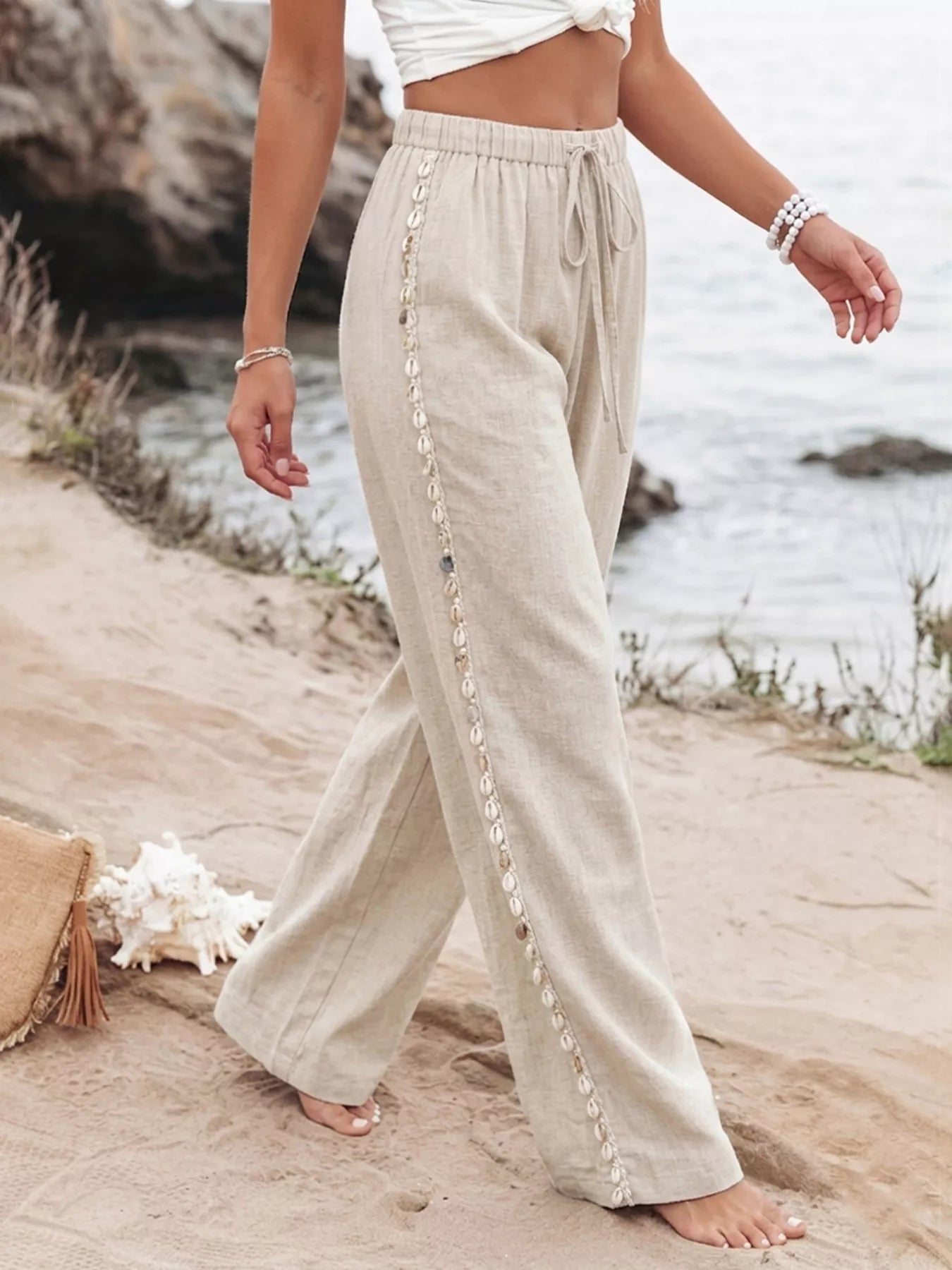 Women's Linen Blend Wide Leg Drawstring Pants - Pants