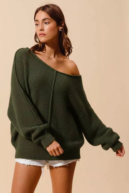 OLIVE Boucle Loose Fit Sweater with Exposed Seam in Olive | Trendy Sweaters Outfit Idea for Women by Ro + Ivy | Elevated Basics, Modern Comfort & Style
