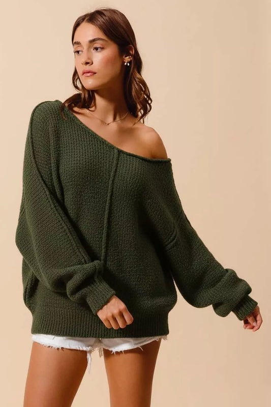 OLIVE Boucle Loose Fit Sweater with Exposed Seam in Olive | Trendy Sweaters Outfit Idea for Women by Ro + Ivy | Elevated Basics, Modern Comfort & Style