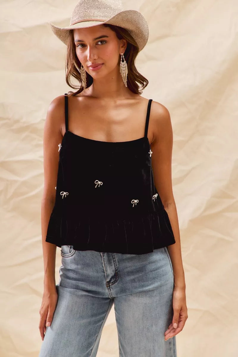 Rhinestone Ribbon Velvet Blend Spaghetti Strap Top | Trendy Tops Outfit Idea for Women by Ro + Ivy | Elevated Basics, Modern Comfort & Style