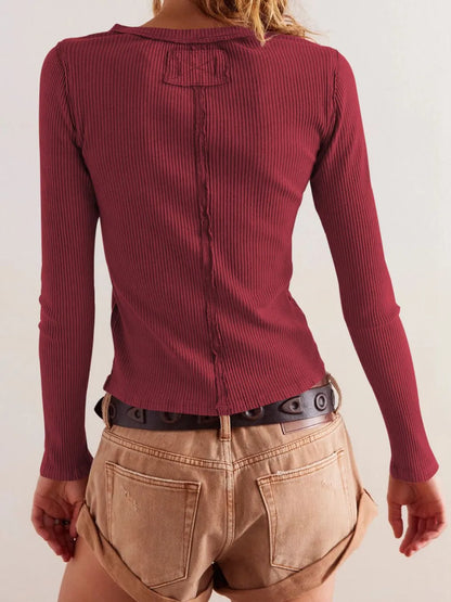 Ribbed Round Neck Button Up Long Sleeve Top - Tops
