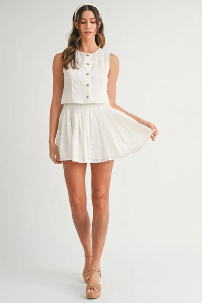 Eyelet Lace Top And Mini Skirt Set – outfit idea for women | Ro + Ivy