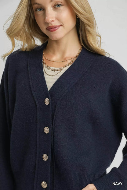 Button-Front V Neck Long Sleeve Knit Cardigan in Navy | Trendy Cardigans Outfit Idea for Women by Ro + Ivy | Elevated Basics, Modern Comfort & Style