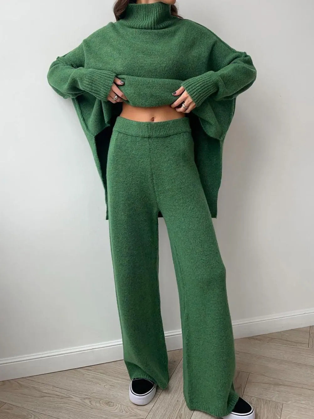 Long Sleeve Turtleneck Top with Slit and Pants Loungewear Set - Loungewear Sets