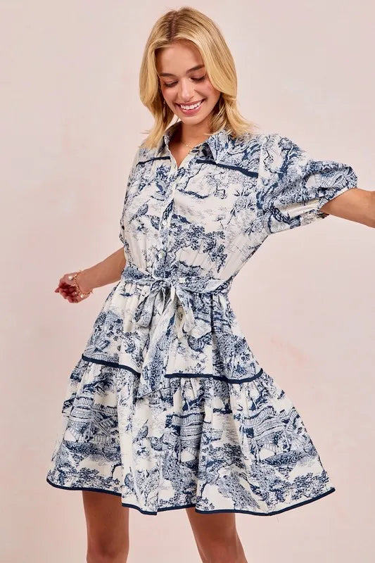 Woven Printed Tiered Mini Dress in Navy – outfit idea for women | Ro + Ivy
