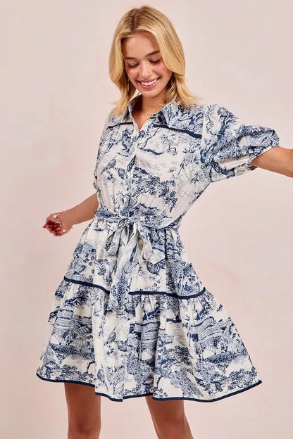 Woven Printed Tiered Mini Dress in Navy – outfit idea for women | Ro + Ivy