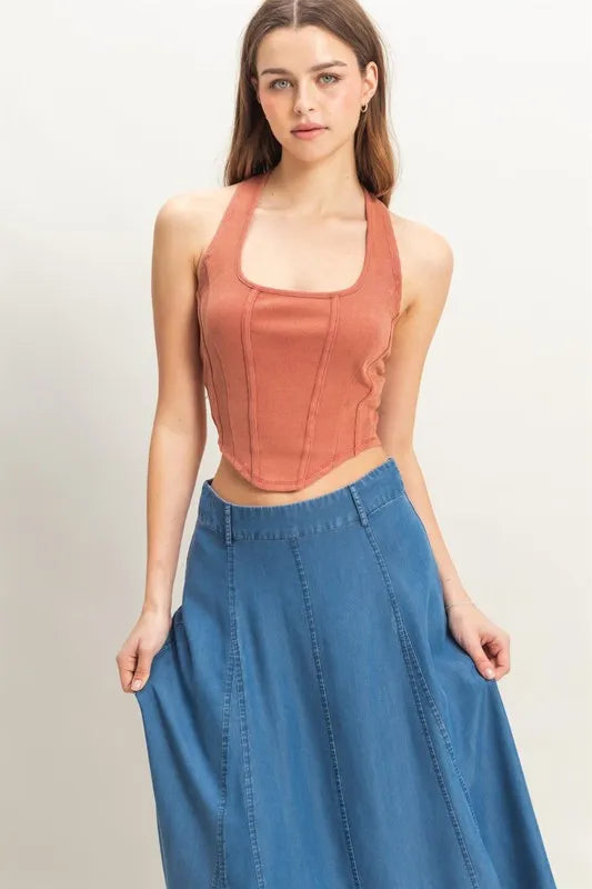 Mineral Wash Halter Neck Everyday Top — Trendy Faded Casual Versatile Style - BRICK Tops