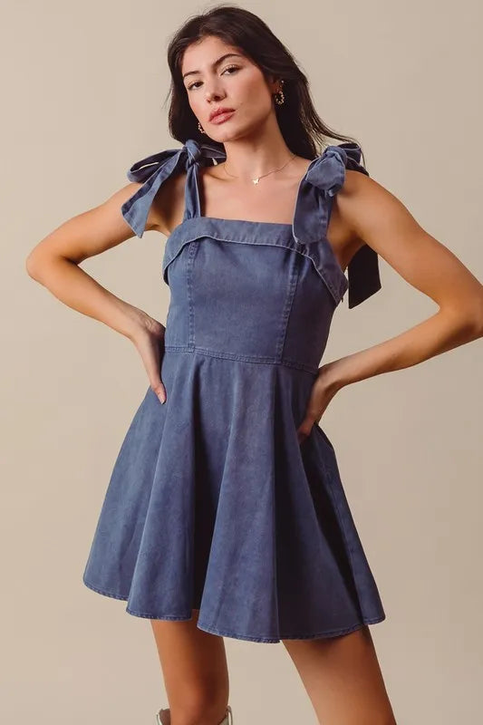 Denim Washed Fit and Flare Mini Dress with Bow Straps and Square Neck – outfit idea for women | Ro + Ivy