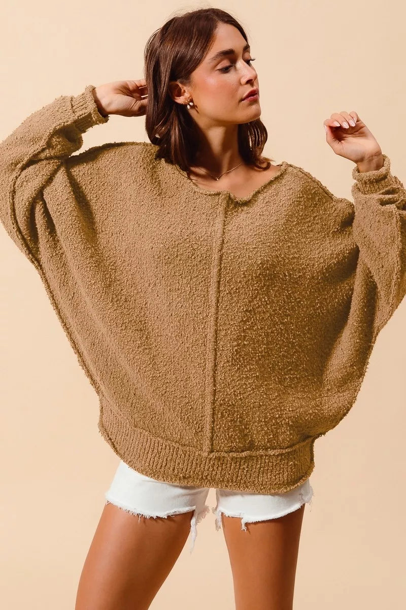 Boucle Loose Fit Sweater with Exposed Seam in Taupe | Trendy Sweaters Outfit Idea for Women by Ro + Ivy | Elevated Basics, Modern Comfort & Style