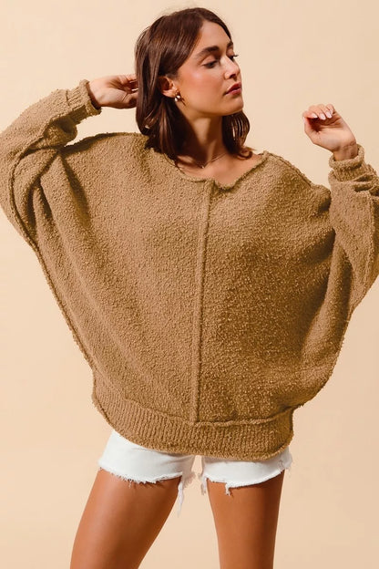 Boucle Loose Fit Sweater with Exposed Seam in Taupe | Trendy Sweaters Outfit Idea for Women by Ro + Ivy | Elevated Basics, Modern Comfort & Style