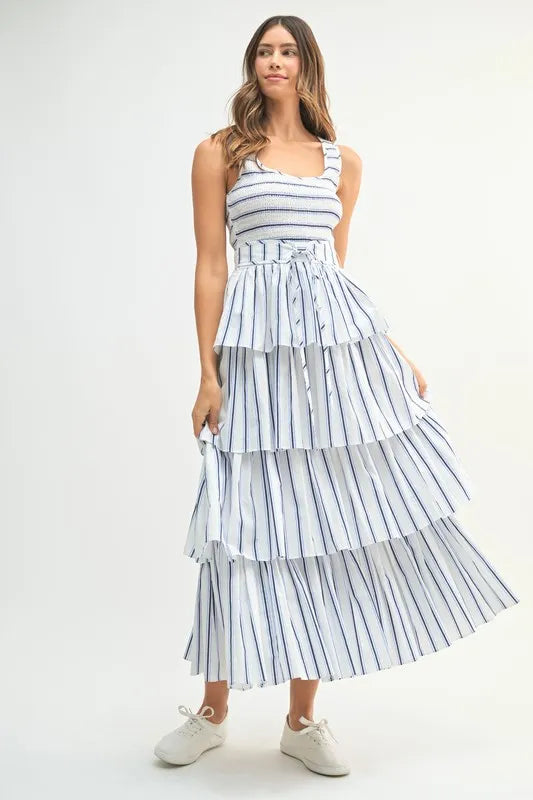 Pin Stripe Smocked Bodice Layered Midi Dress – Off White outfit idea for women | Ro + Ivy