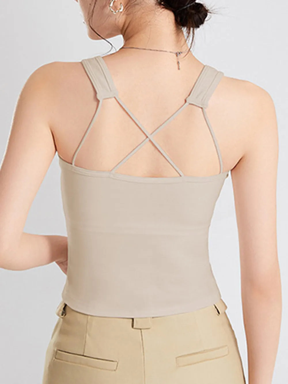 Women's Crisscross Scoop Neck Wide Strap Cropped Tank, Built-In Chest Pads - Crop Tops