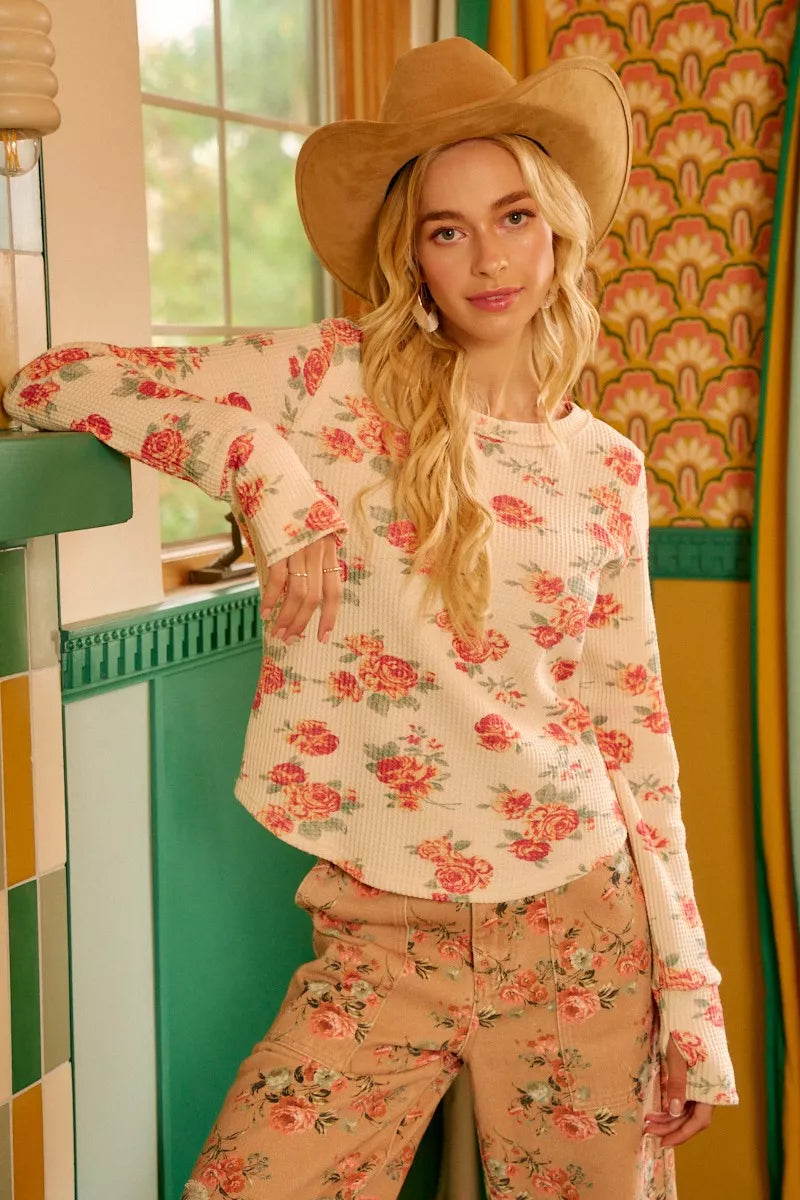 Oatmeal Washed Floral Long Sleeve Waffle Thermal Top with Sleeve Thumb Hole | Trendy Tops Outfit Idea for Women by Ro + Ivy | Elevated Basics, Modern Comfort & Style