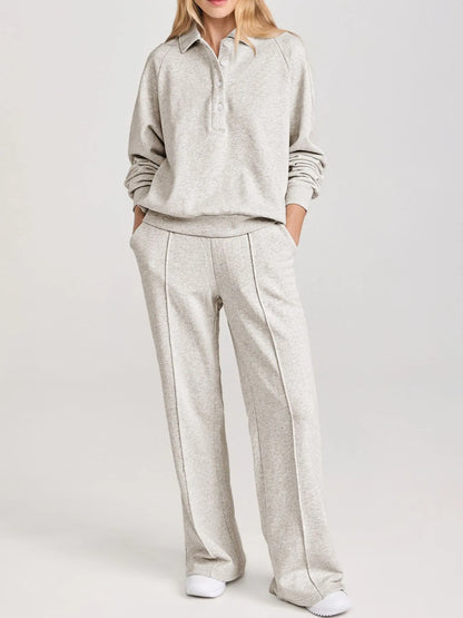 Women's Collared Sweatshirt and High Waist Pants Active Set - Light Gray Activewear Sets