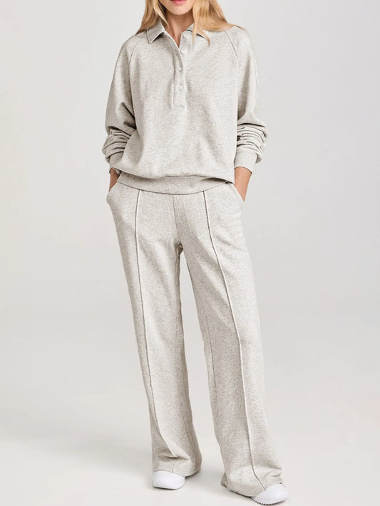 Women's Collared Sweatshirt and High Waist Pants Active Set - Light Gray Activewear Sets