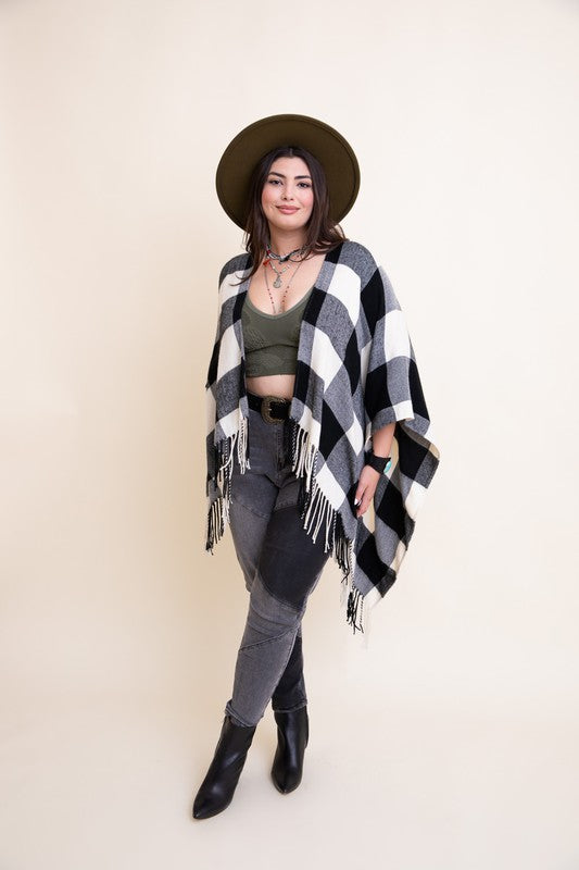 White Black Default Checkered Tassel Poncho | Trendy Tops Outfit Idea for Women by Ro + Ivy | Elevated Basics, Modern Comfort & Style