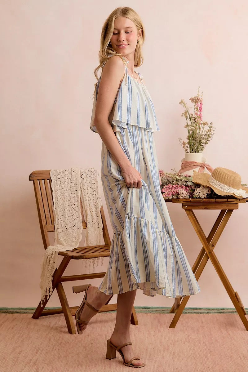 Women's Striped Tiered Shoulder Tie Midi Dress - Midi Dresses