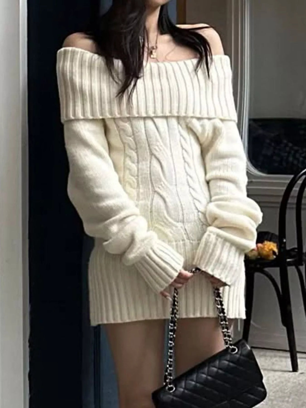 Off-Shoulder Cable-Knit Sweater Dress with Ribbed Details